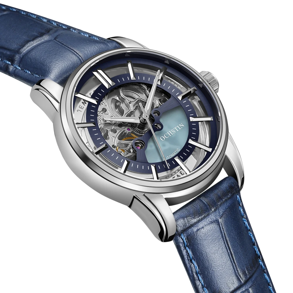 OCHSTIN Automatic Men Slim Watch Skeleton Self Winding Mechanical New Fashion Casual Open Heart Classic Leather Strap Male Clock