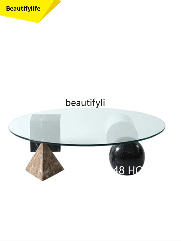 

Nordic Personalized Geometric Natural Marble Tea Table Low Luxury Living Room Clear Glass