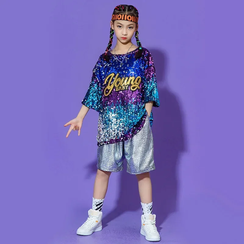 Conjuntos de ropa de Hip Hop para niños y niñas, pantalones cortos plateados, baile callejero, baile de Jazz, rendimiento de percusión, ropa de lentejuelas multicolor