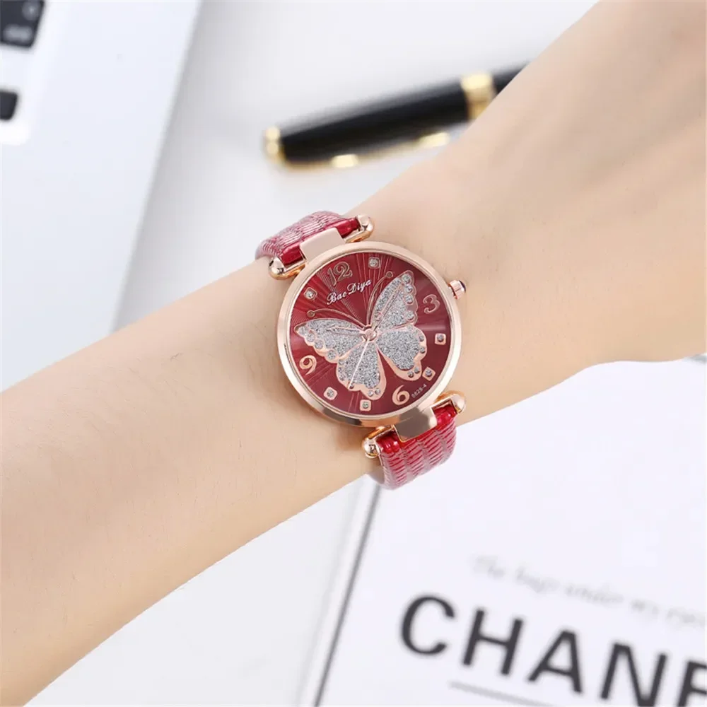 Casual Round Pointer Quartz Watch Cute Rhinestone Butterfly Pattern Dial Analog Dress Watch, Gift For Women Girls