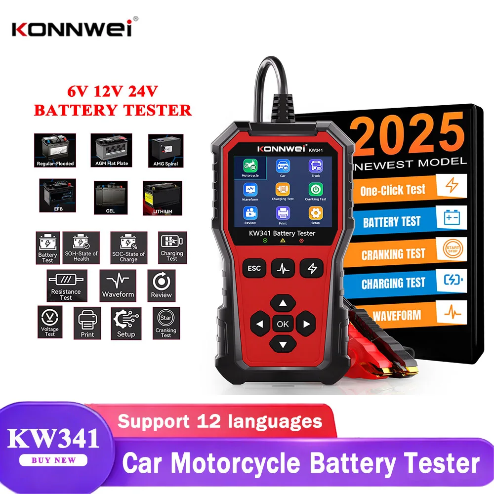 KONNWEI KW341 autó- és motorkerékpár-akkumulátor-teszter 6V, 12V, 24V, hibaadatok nyomtatása, indítófeszültség-teszt, autó akkumulátorának töltése, szkennelési eszköz