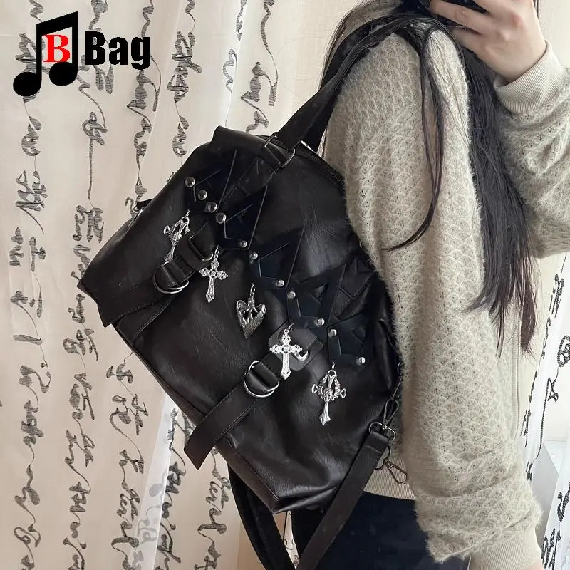 Y2K Gothic Women\'s Girls Punk Handbags Harajuku Single Shoulder Crossbody Student Class Large Capacity Rivet Commuting Bag Totes