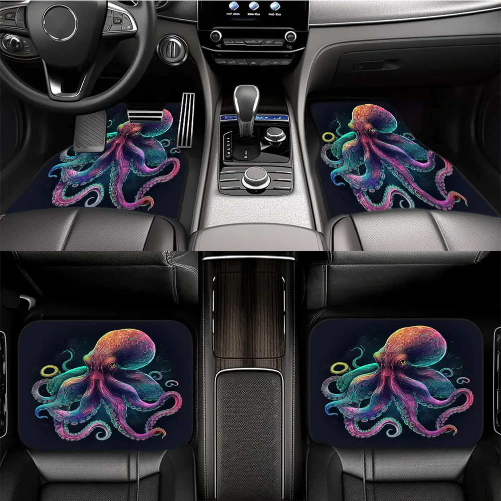 Fluorescent Octopus Design Car Floor Mats - Non-Slip, Stain-Resistant, Thick Polyester Front & Rear Seat Covers, Machine Washabl