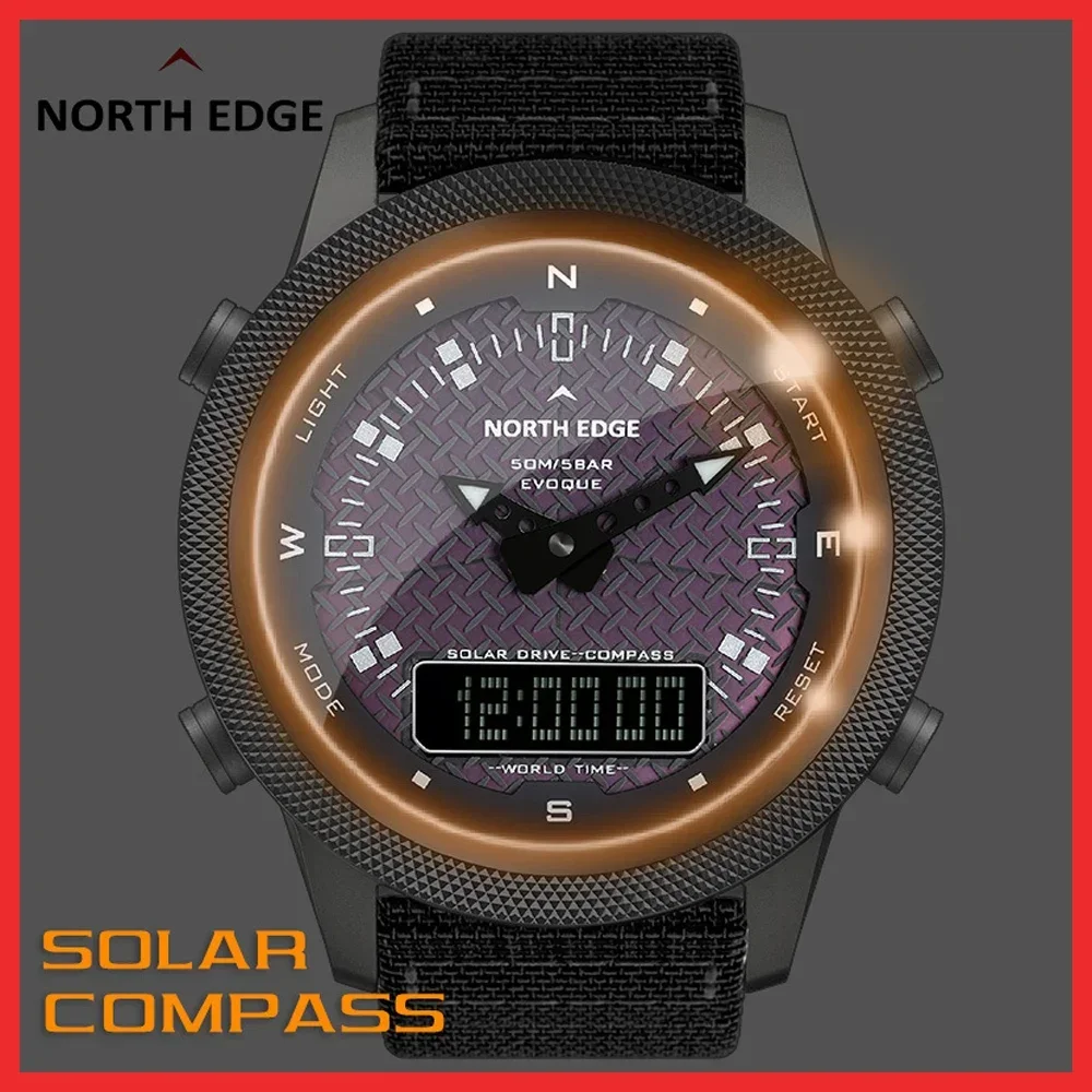 North Edge Solar Sports Smartwatch Men, 50M Waterproof Compass Clock World Time Army Military Style Outdoor Smart Watch Women