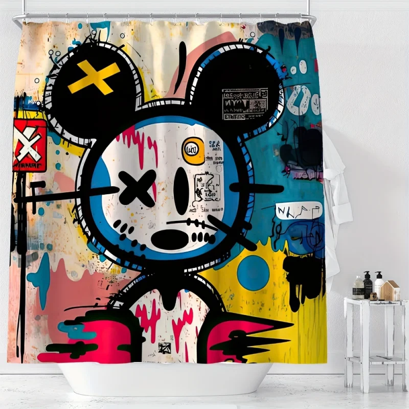 Colorful Cartoon Mouse Graffiti Art Shower Curtain - Waterproof Polyester with Hooks, Machine Washable - YWJHUI, Artistic, Carto