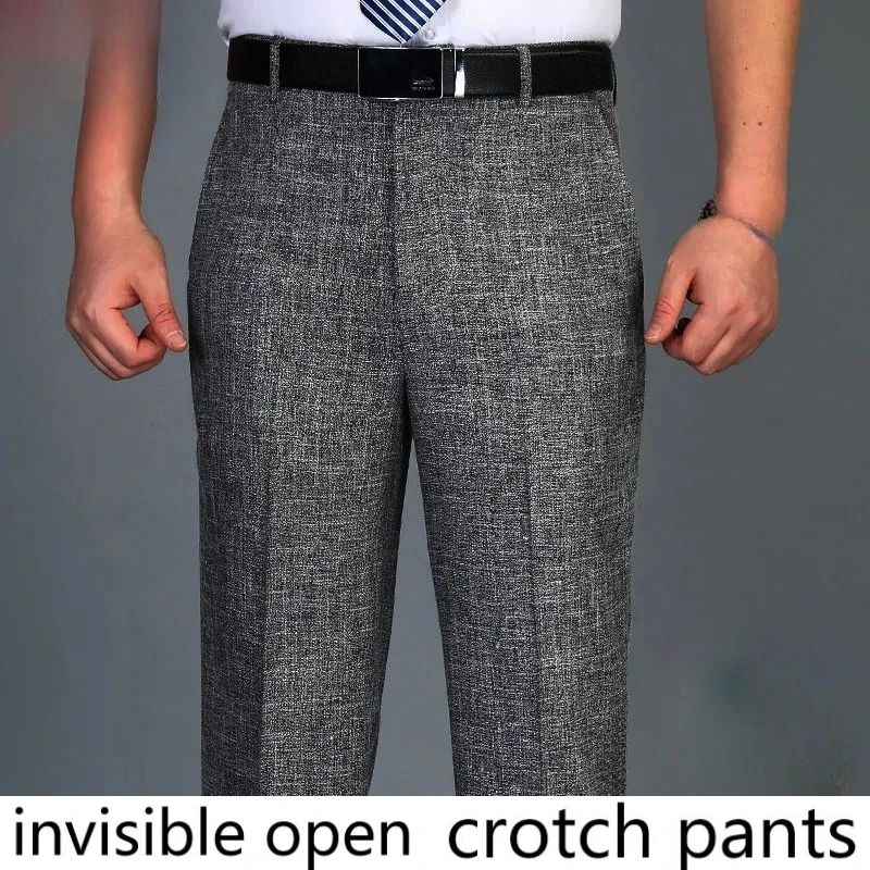 Invisible Zipper Crotch Pants Light Luxury Breathable Summer Linen Trousers Men's Business Casual Suit Men's Trousers Loose High