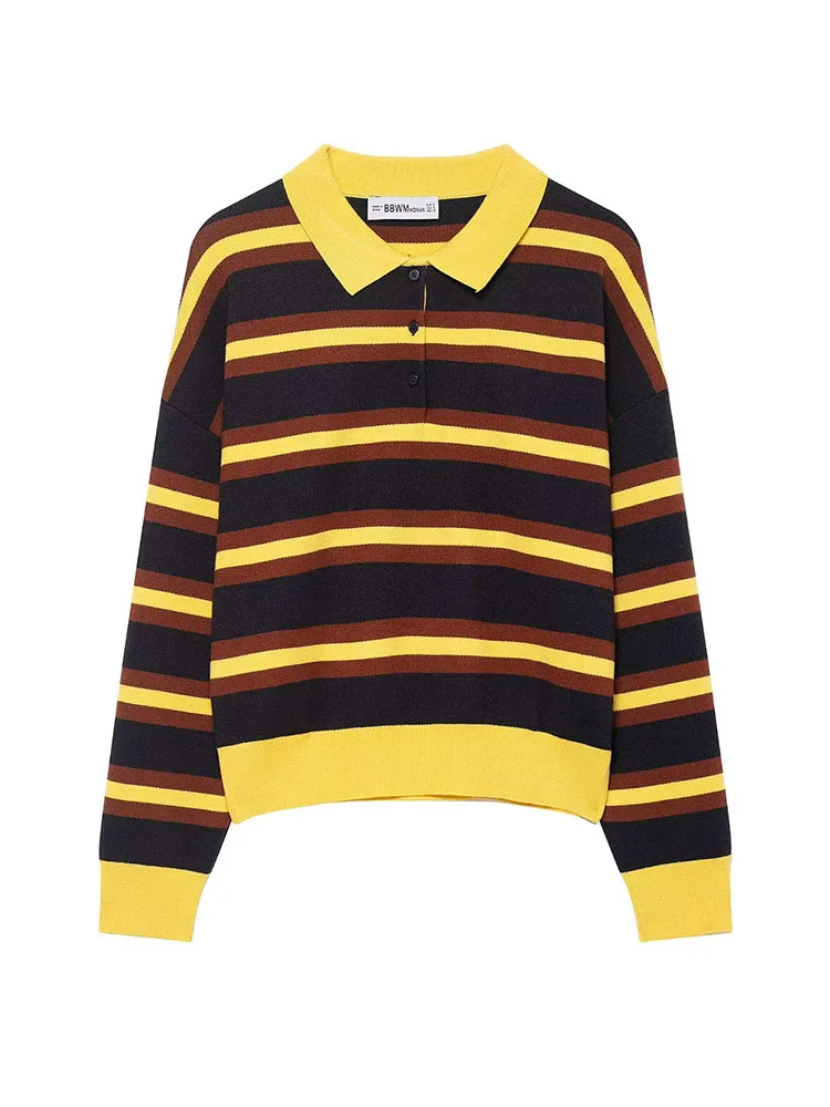 HH جديد المرأة المشارب طويلة الأكمام زر الديكور بولو طوق البلوز محبوك سترة الإناث سليم صالح الترفيه القمم #2