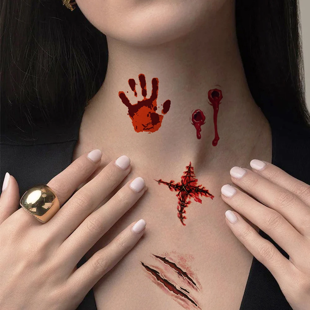 16 Uds. Tatuajes temporales de zombis para Halloween, cicatriz falsa, sangre realista, tatuajes de heridas falsas, impermeables para hombres y mujeres, Maquillaje facial