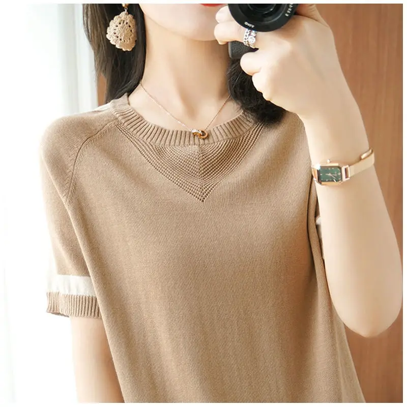 Summer Women Vintage Striped T-Shirt Korean All-match Hollow Out Fashion Short Sleeve O-Neck Loose Casual Knitted Pullover Tops