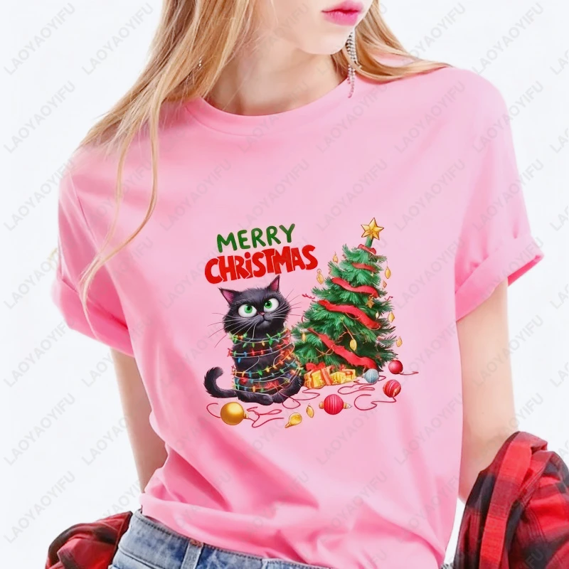 مضحك عيد الميلاد القط قميص القط الأسود المشاغب مع أضواء عيد الميلاد وشجرة لطيف عيد ميلاد سعيد المحملة لمحبي القطط وآباء الحيوانات الأليفة #6