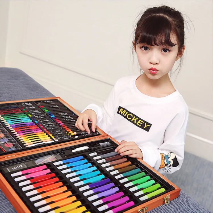 150 Piece Wooden Box Kids Art Set with Watercolor Pens, Crayons, Colored Pencils, Oil Pastels and Drawing Tools for Children