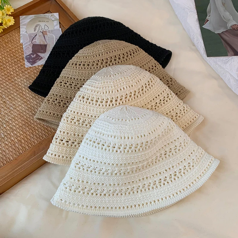 Summer Fashion Wide Brim Bucket Hat for Women Hollow Out Breathable Crochet Sun Hat Outdoor Casual Versatile Wear Sunhat