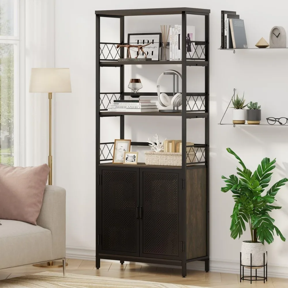 

Farmhouse Bookshelf with Storage, Industrial Tall Book Shellf with Doors, Rustic Wood Bookcase with Cabinet for Home Office