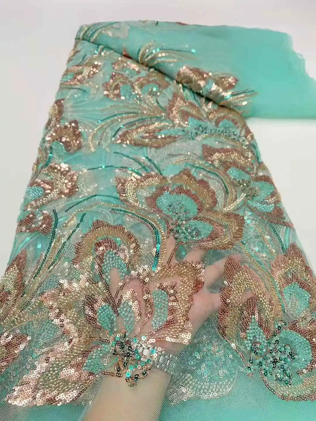 アフリカのレース生地高品質ビーズ付きナイジェリアレース生地結婚式用女性ドレスフレンチチュールレース生地-DP