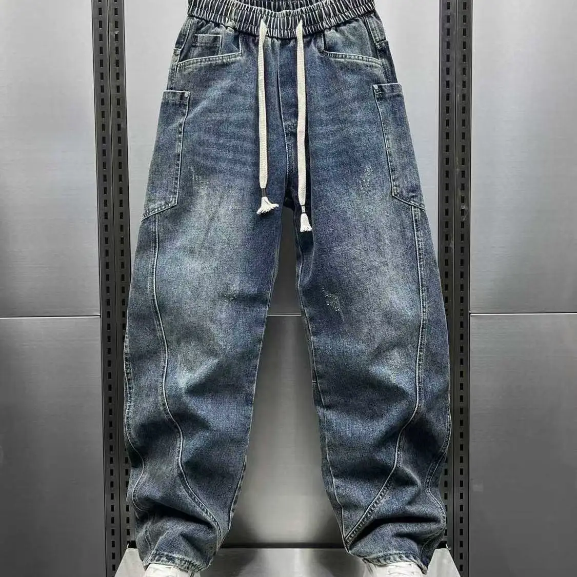 

Spring Summer 2025 New Jeans Splicing Men's Multi-pocket Loose Straight Pants Youth Washed Retro Trend Baggy Scimitar Pants