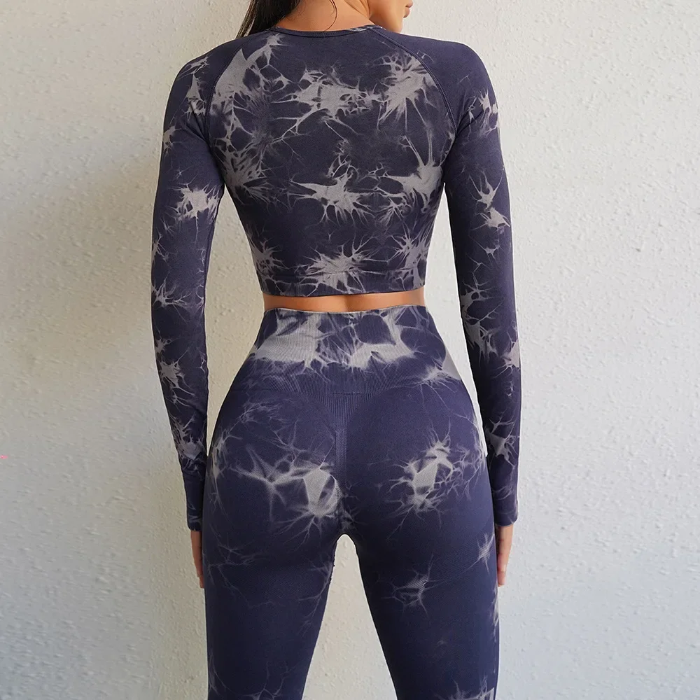 Tie Dye Yoga Long Sleeve Top Legging Sports Fitness Suits 2 Piece Sets Womens Outfits Gym Workout Clothes Set for Women Yoga Set