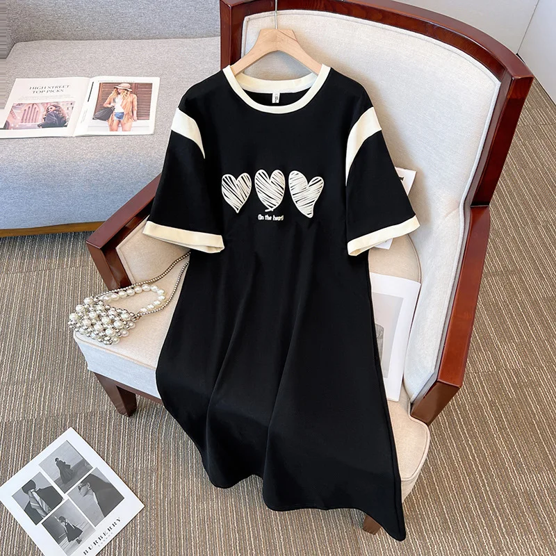 160Kg Plus Size Women's Bust 160 Summer Loose Casual Love Printed Dress Black 6XL 7XL 8XL 9XL 10XL