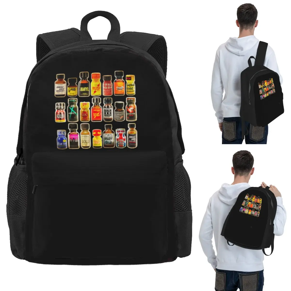 Poppers Bottles Gay Rush Jungle Juice Amyl Inhaler Student Backpack School Bag Hiking Travel Daypack Bookbag Shoulder Bags