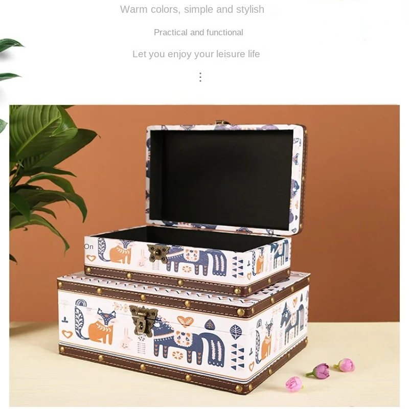 Cute creative desktop storage box with lock cosmetics jewelry box rectangular anti-theft wooden box cartoon storage key safe