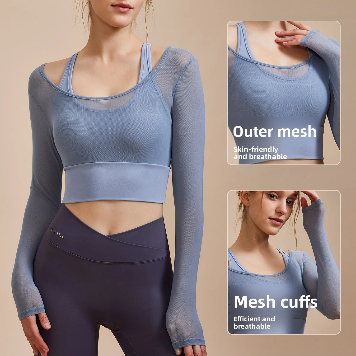 Women's High End Mesh Long Sleeved Sports Top with Integrated Fitness Suit, Autumn and Winter