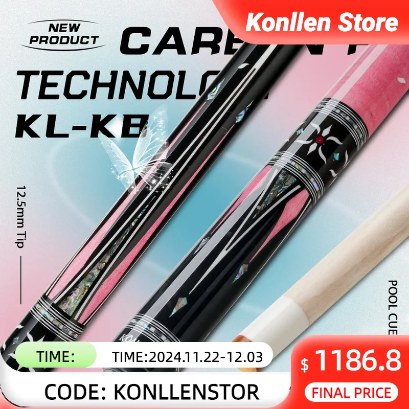 KONLLEN Butterfly Love Cues, KL-KB, 12.5mm Hardrock Maple Shaft Contains Carbon Tube Stick, Handmade Inlay Production Billiard