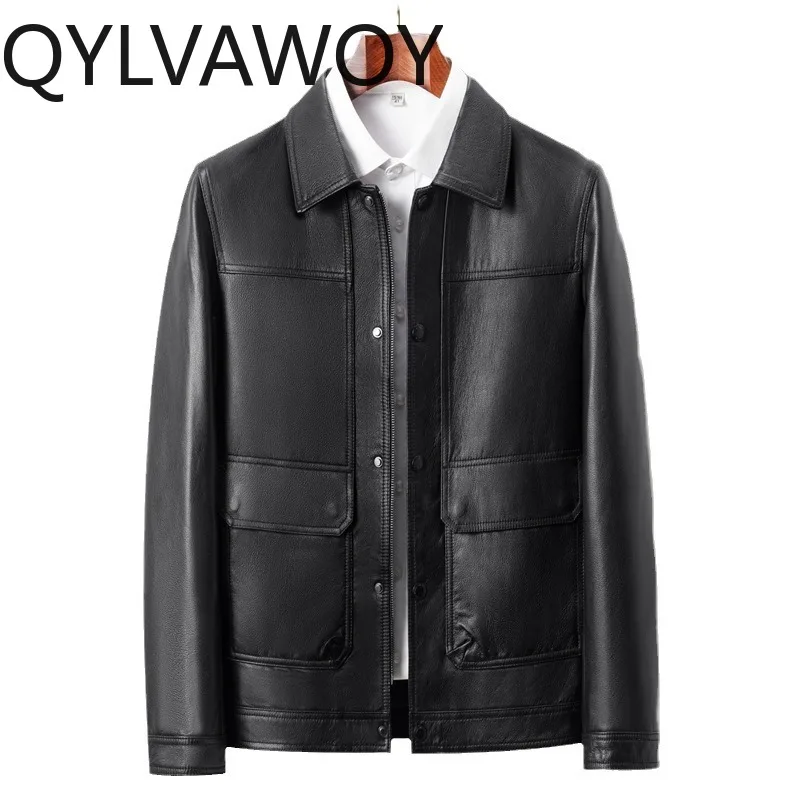 QYLVAWOY Genuine Cow Leather Jackets for Man Business Casual Lapel Coats High Quality Short Jacket Autumn Winter Куртка Зимняя