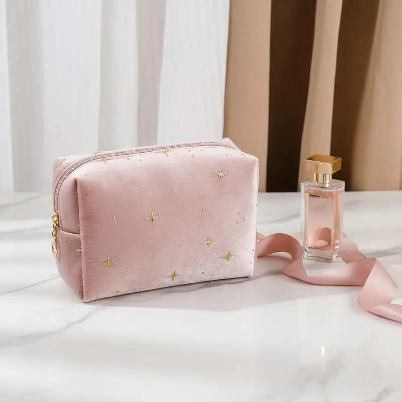 Cosmetic Pouch Spacious Velvet Cosmetic Bag Travel Toiletry Organizer With Star Pattern Portable Makeup Case For Lipstick