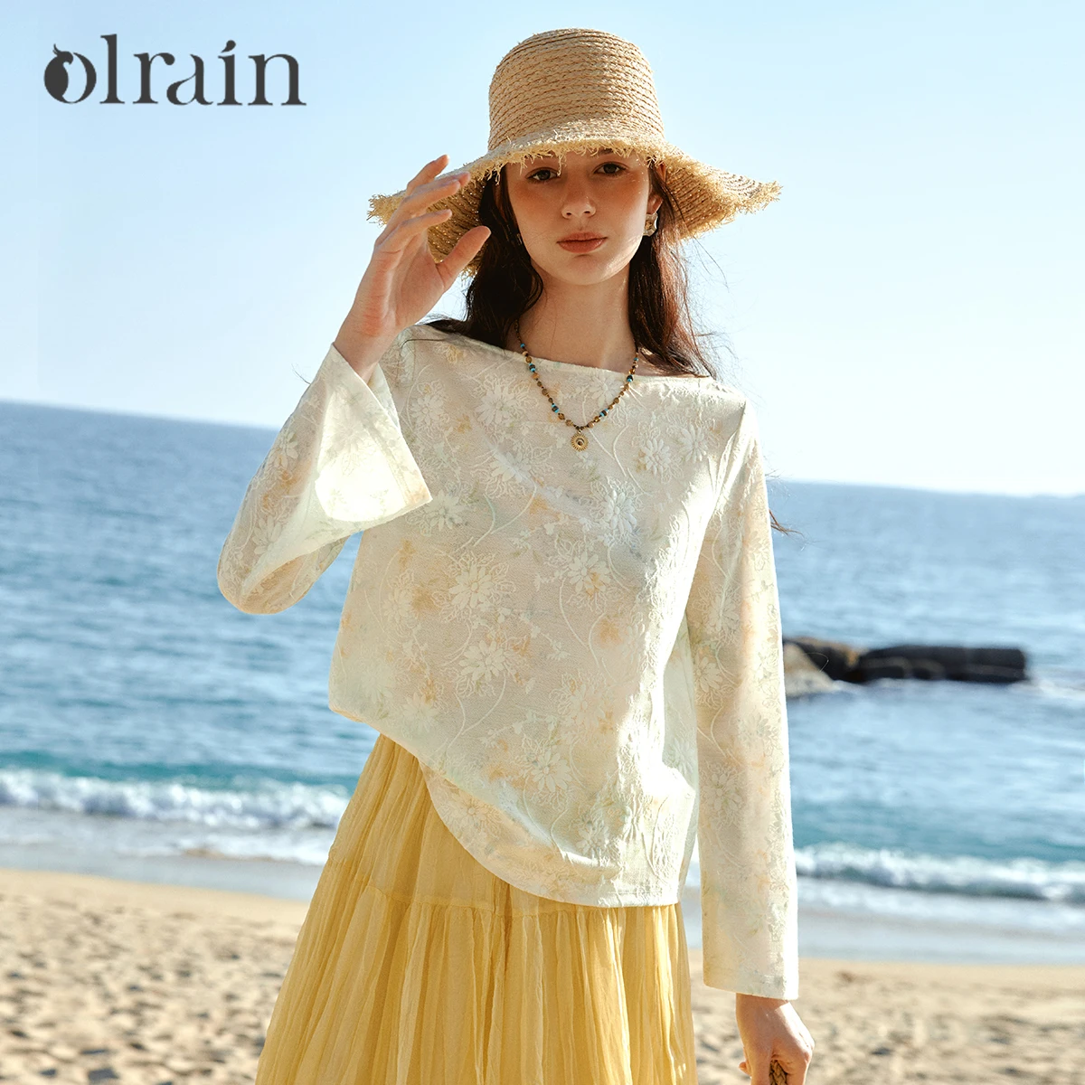 

OLrain Women's French Lace Print T-shirt 2026 Spring New Off Shoulder Loose Casual Vintage Flared Long Sleeve Top O58CT005015