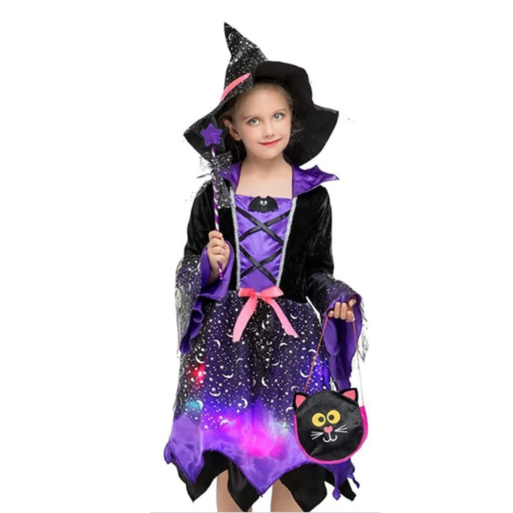 Halloween Witch Cosplay Costume para Crianças, Vestido Mágico Disfarçado, Chapéu, Conjunto completo para meninas, Roupa para festa de carnaval, Roupas de palco