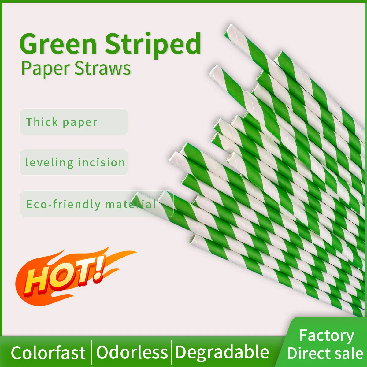 

Artist Green Stripe Biodegradable Straw Paper Material Food Grade Drinking Straw Restaurant Bar Hotel Disposable Decoration