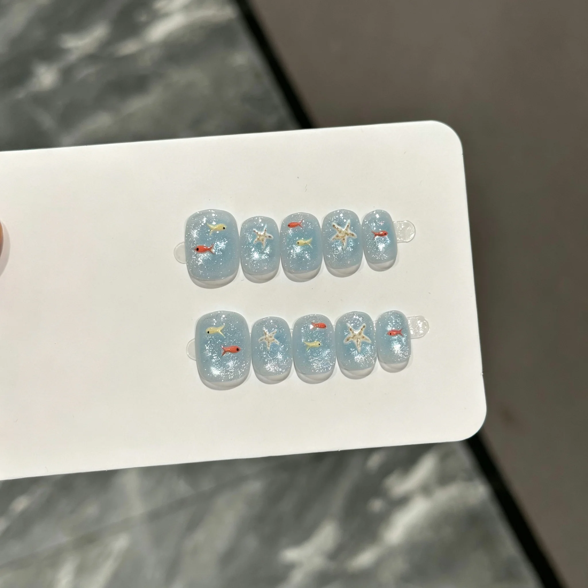 10pcs Short Square Press On Fake Nails Blue Glitter Cat Eye Ocean Style Starfish Fish Design Reusable Women False Nail Tips