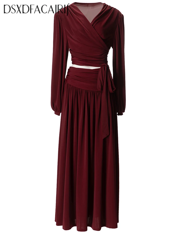 

DSXDFACAIRIJ Women's V-neck Lantern Sleeve Lace-Up Short Tops + Long Big Pendulum Skirt Vacation 2-Piece Set Autumn Female