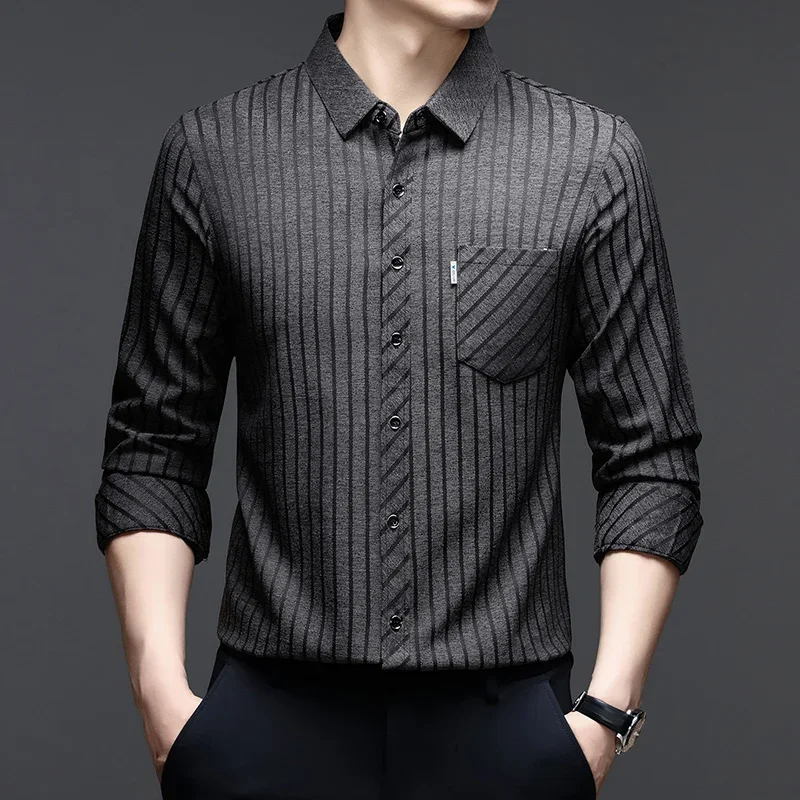 Mens Slim Stripe Long Sleeve Shirt Casual Wear Button Down Turn Down Collar With Pocket Comfortable Fabric For Outdoor Office