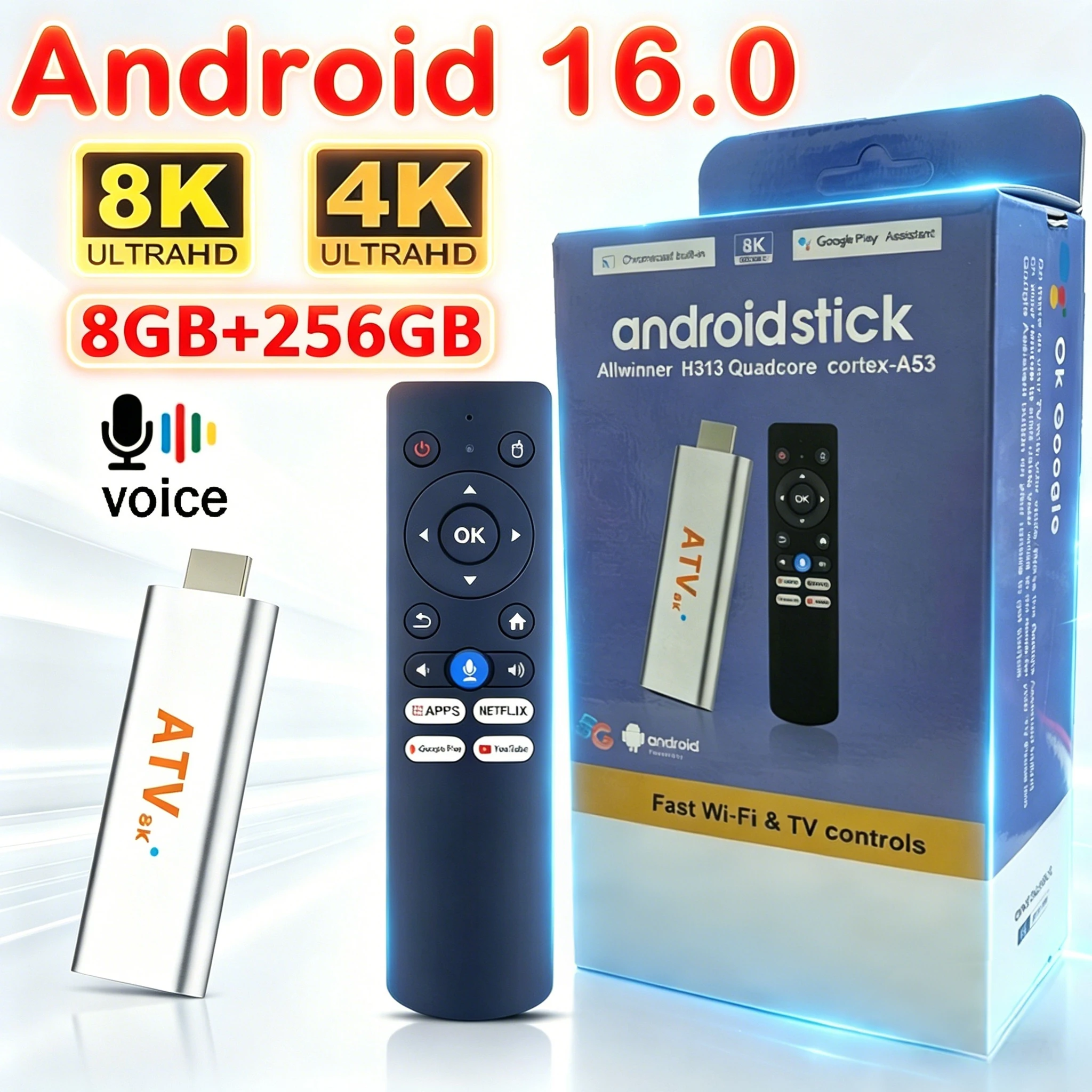 Q15 Android 16 Smart TV Stick Allwinner H313 8GB 256GB Asistente de Voz de Google Netflix 4K 8K HDR10 Reproductor Multimedia 5G Wifi Dual BT5