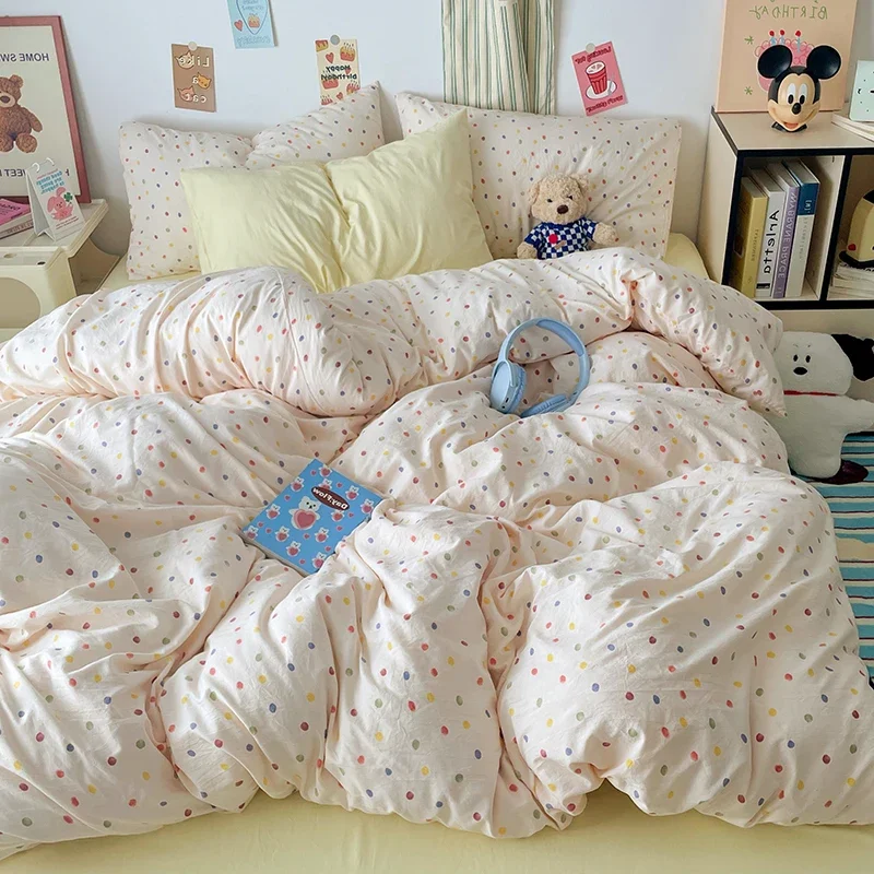 Rainbow Polka Dot Duvet Cover Sets for Women Girls Watercolor Bedding Set Washed Cotton Colorful Circles Modern Comforter Covers