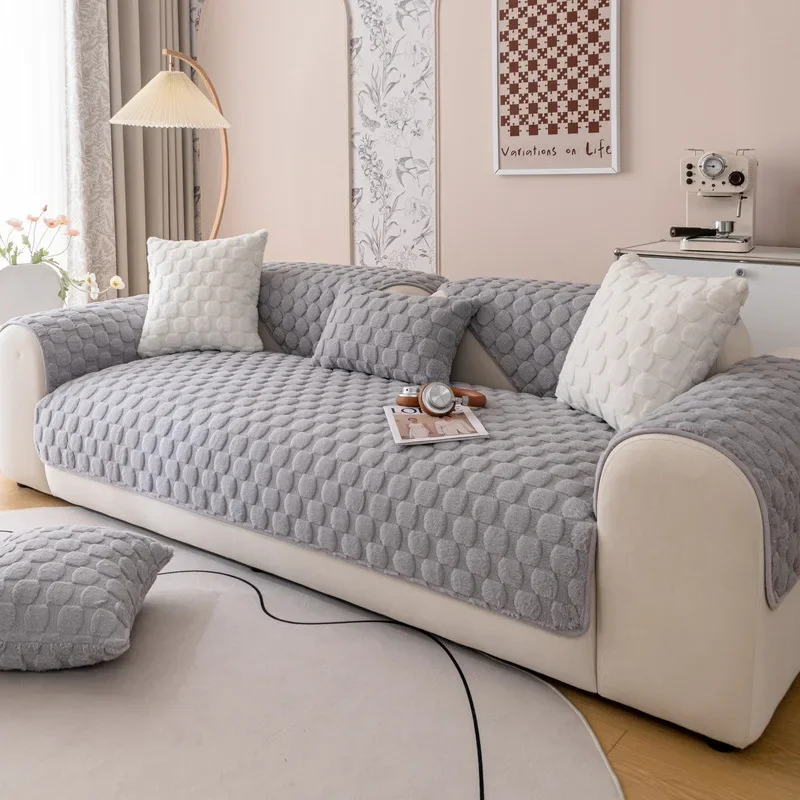 

Плюшевый чехол для дивана с кроликом, универсальный клетчатый нескользящий утолщенный чехол для дивана для гостиной, теплая фланелевая подушка для дивана, подлокотник, полотенце для спины