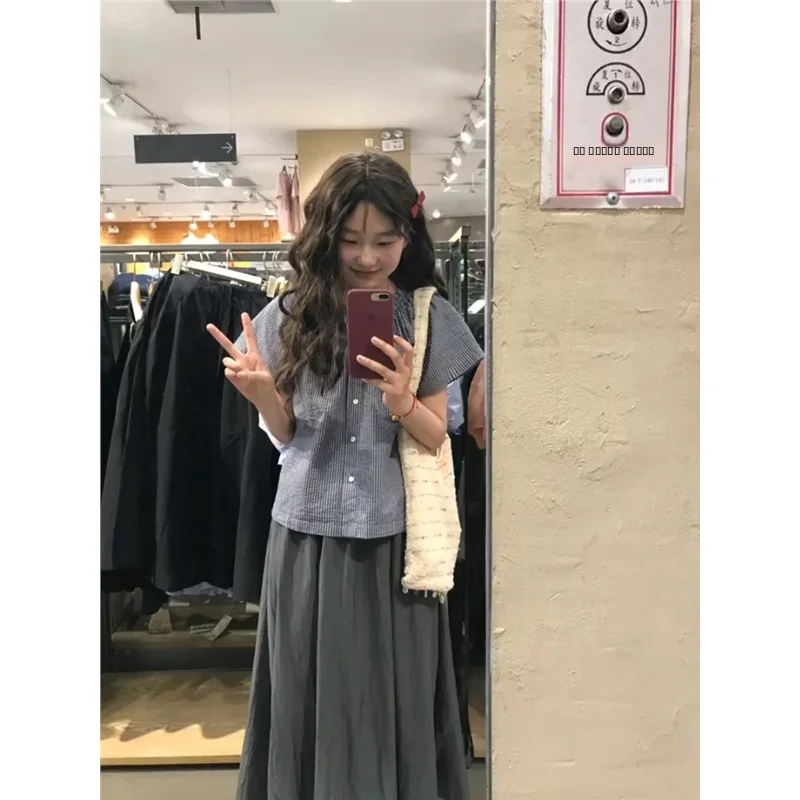 

Blue Striped round Ne ort Sve Doll irt Women's Summer College Sle Gentle Blouse Cotton 00% Cleanfit irt