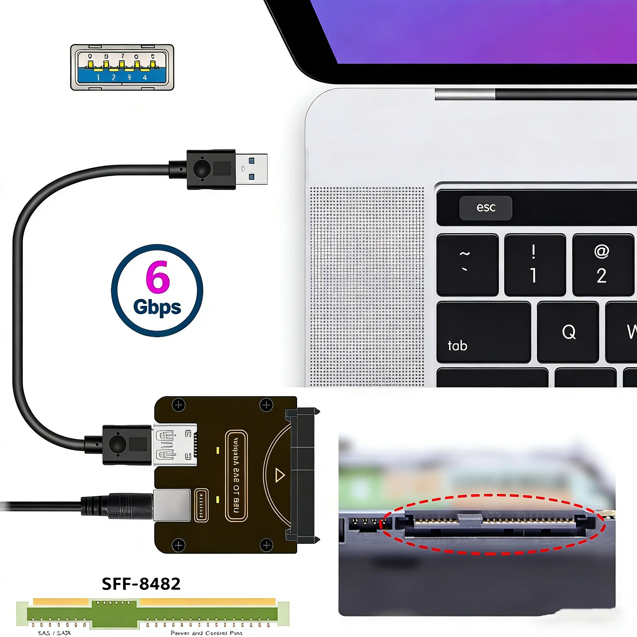 

Карта адаптера жесткого диска USB-SAS, 6 ГБ/с, 29 контактов, твердотельная карта расширения SSD, подходит для 2,5-3,5-дюймового жесткого диска SSD