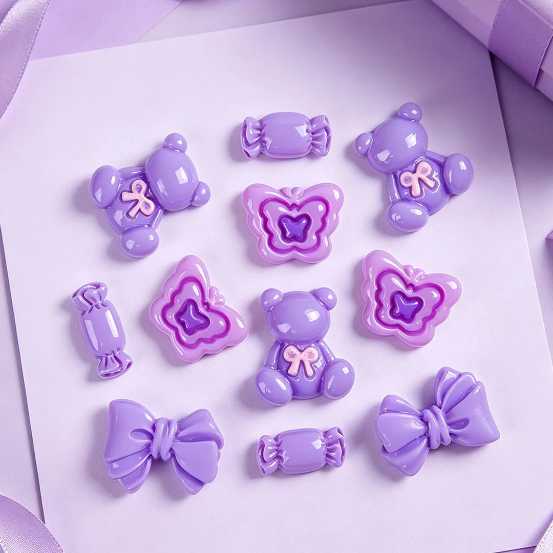 100pcs Cute Purple Bear Candy Butterfly Bowknot Resin Flatback Cabochon DIY for Phone Case Hairpin Keychain Earrings Scrapbook
