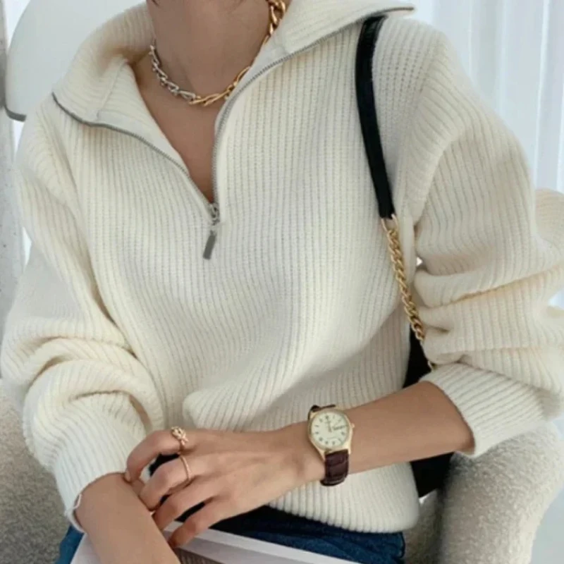 

Women's Sweaters 2025Autumn Winter Long Sleeve Top Loose Knitted Turtleneck Zipper Fashion Pullover Women Oversized Sweater