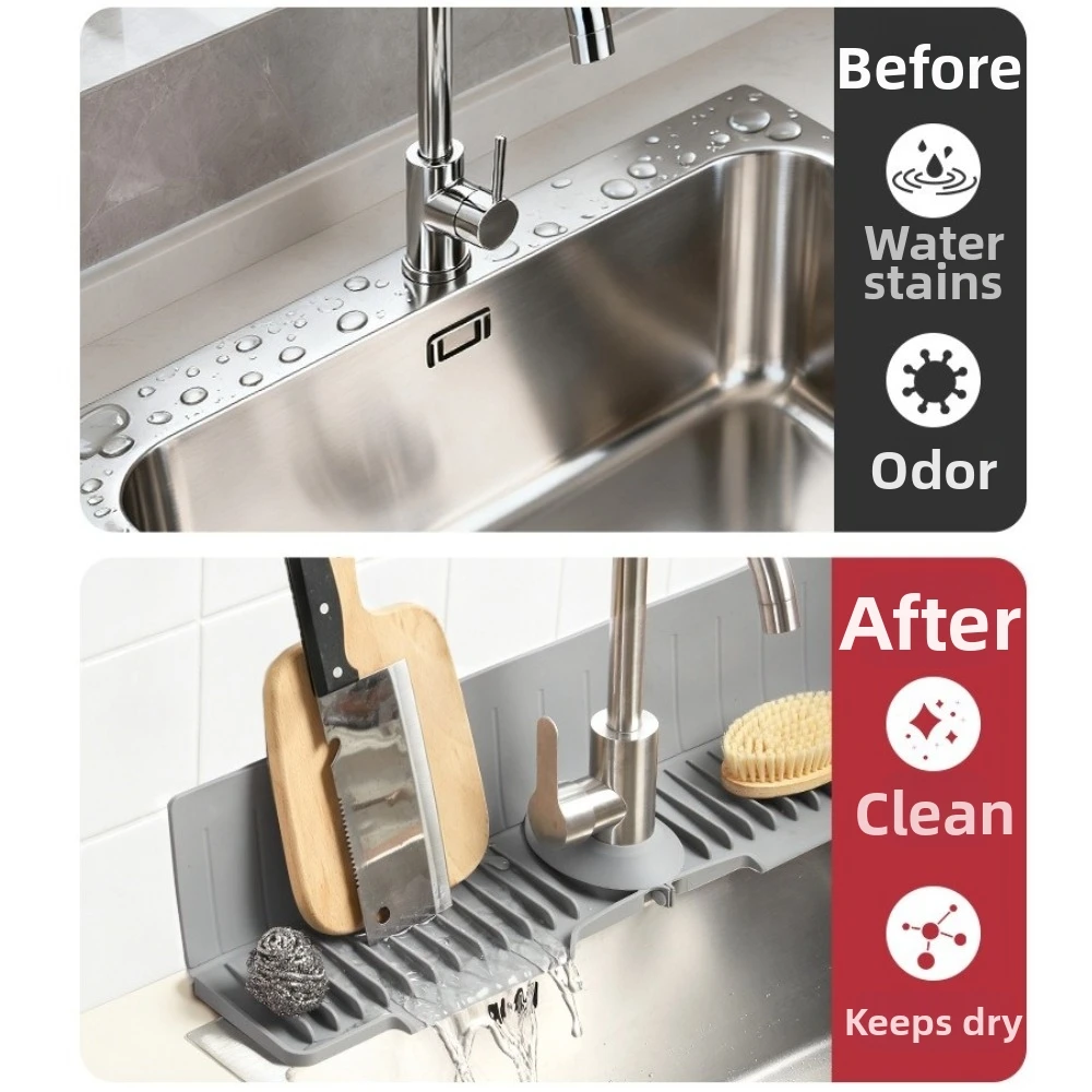 New Silicone Faucet Draining Pad Non-Slip 24 Inch Water Draining Mat 12cm Splash Guard 8° Slope Dish Drying Rack Home Use