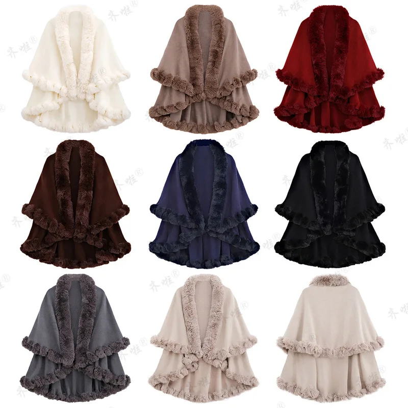 New Winter Thicken Mink Wool Full Trims Faux Fur Cape - Women's Hooded Loose Fleece Cloak Coat Party Dress Wraps Warm