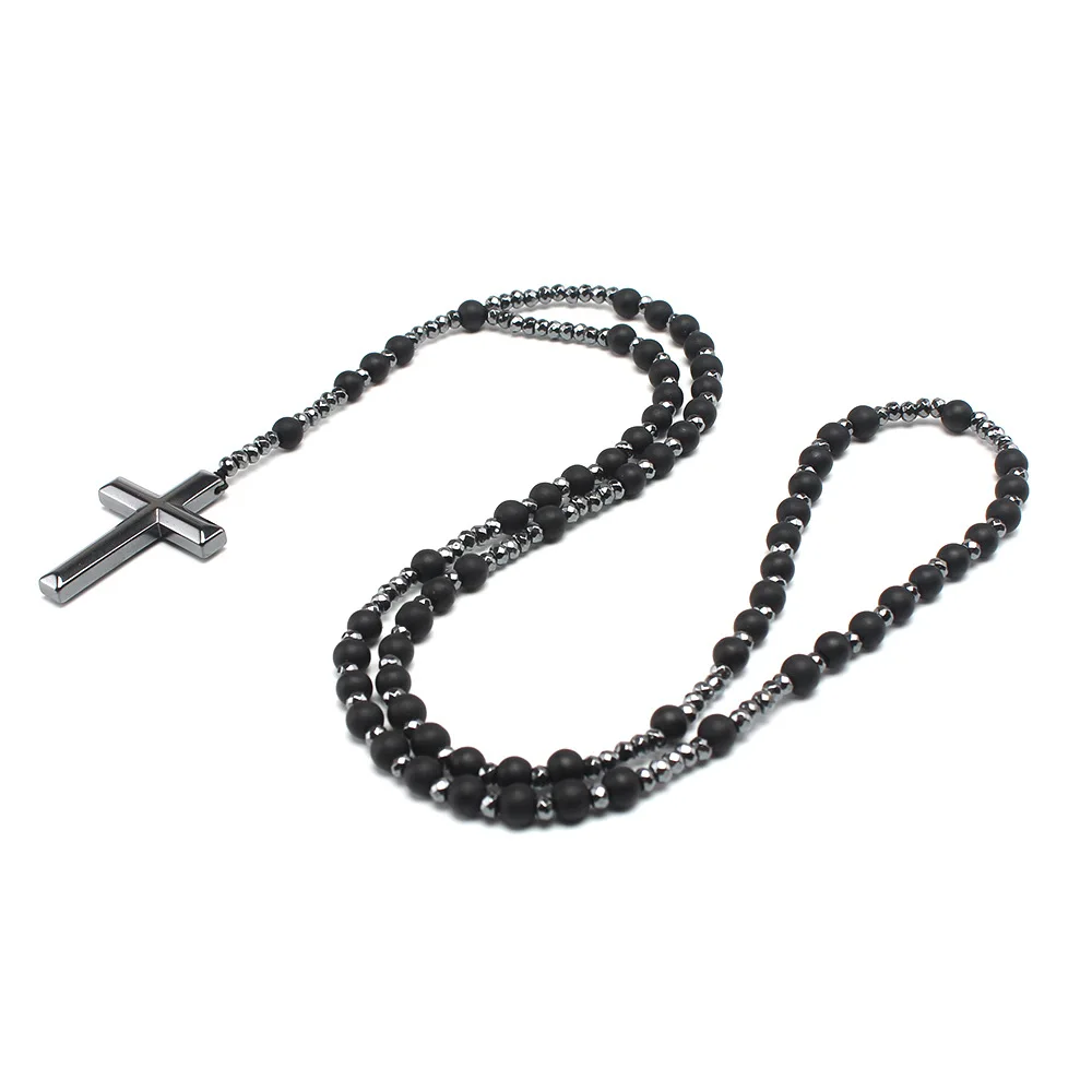 1 piece natural stone matte onyx black gallstone necklace, rosary cross pendant