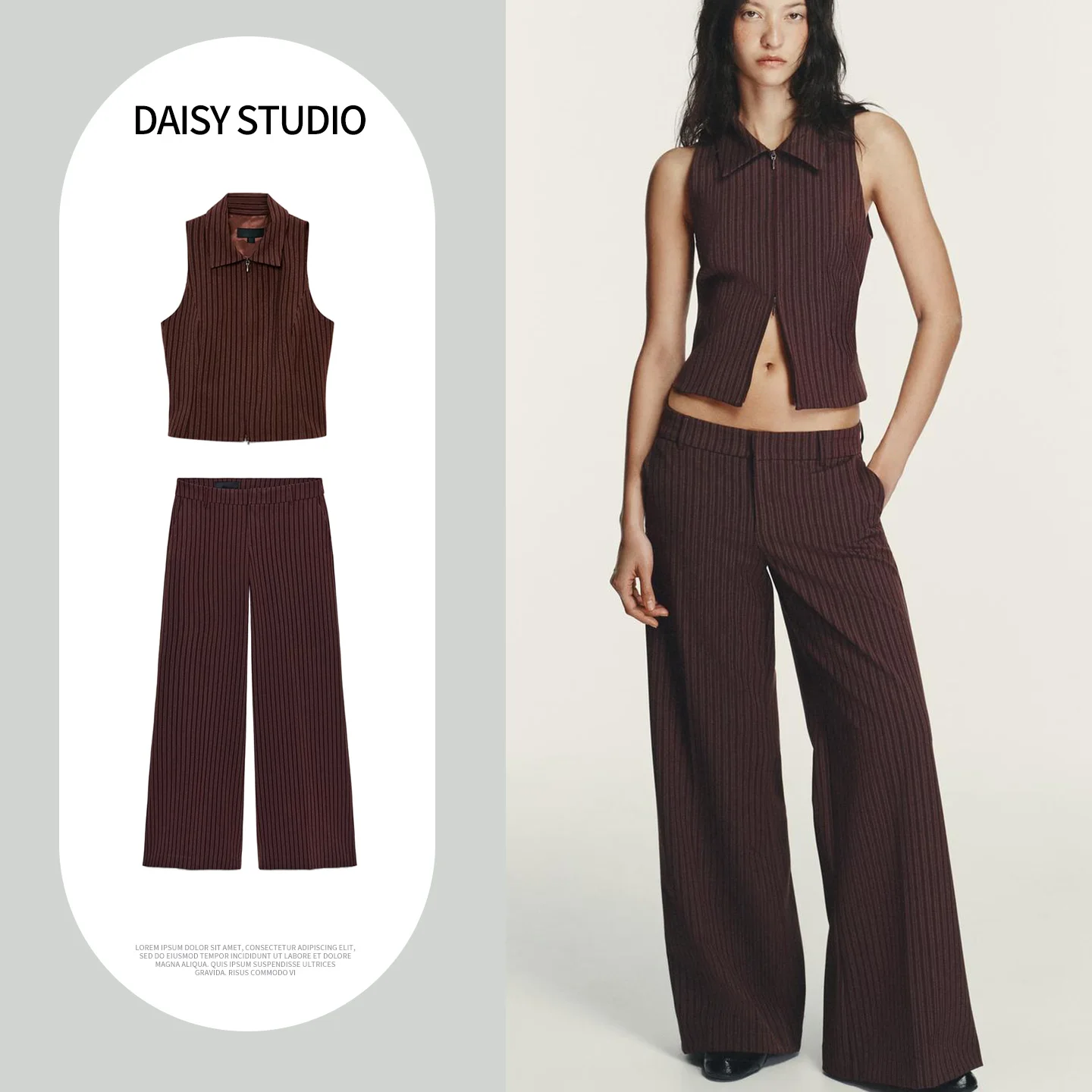 

Long Low Waist Bell Bottom Pants Striped Vest Zipper Flip Collar Sleeveless Fashion Set Women's Spring Collection Two Pieces