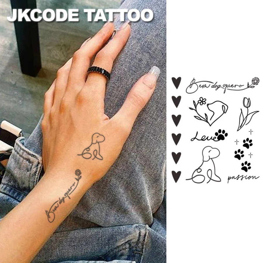 Minimal Tattoo Herbal Mix Temporary Tattoo Stickers Ins Style Pet Puppy Illustration Heart-Shaped Carnation Chrysanthemum Art Sentences Lines 12 Patterns Cute Tattoos Fashionable Girl Accessories Women's Finger Hand Neck Tattoos Long-Lasting Waterproof for 15 Days