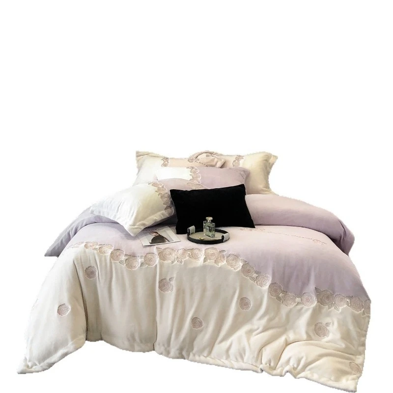 French light luxury milk fleece four-piece romantic flower embroidery thickened warm without hair loss bedding