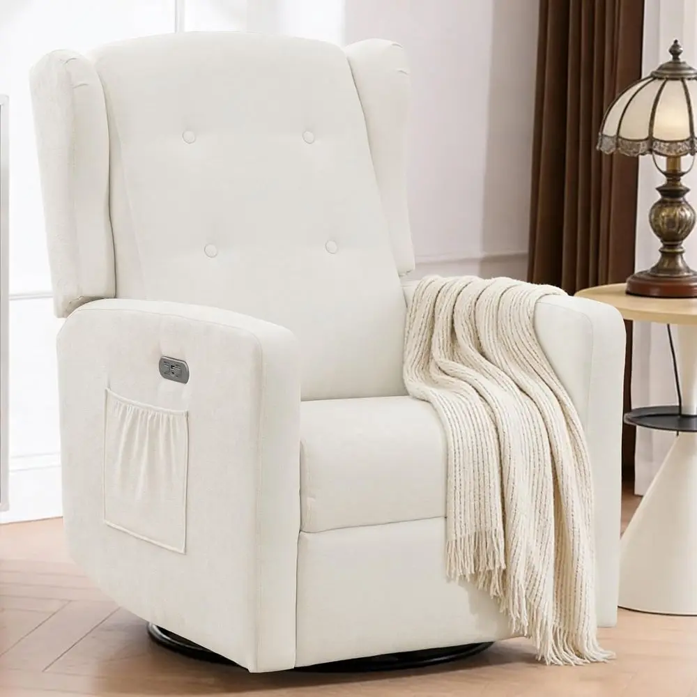 

Cream Upholstered Swivel Glider Recliner with USB & Type-C Charging, Electric Recline, Storage Pockets for Living Room