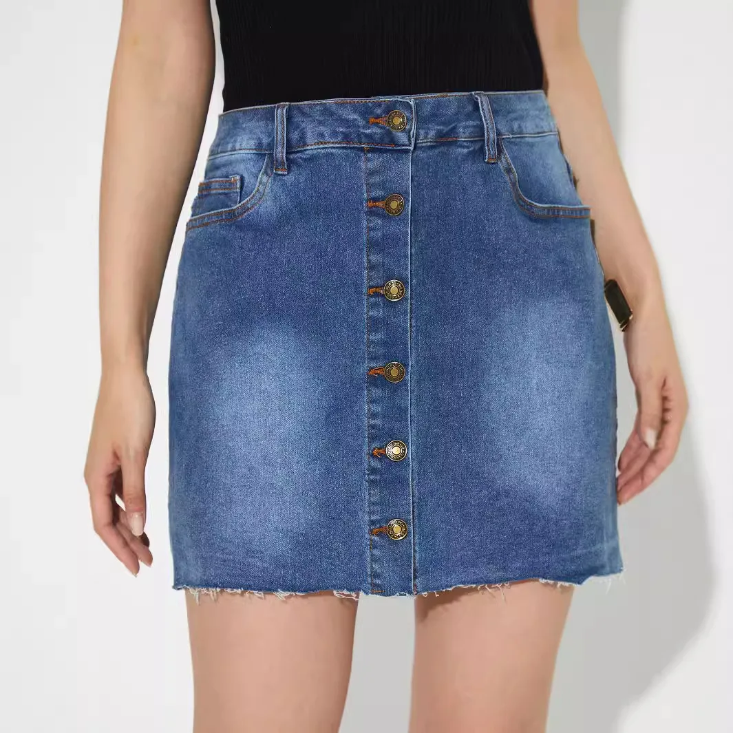 Denim Pencil Skirt for Women Sexy High Waist Short Skirts Bodycon Distressed Washed Single Breasted Pockets Female Streetwear