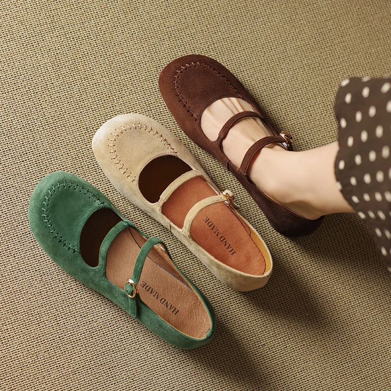 2026 new spring autumn women pumps natural leather 22-25cm kid suede+pigskin buckle mary janes low heel women shoes fashion