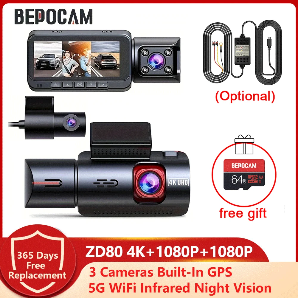 

BEPOCAM 4K Dash Cam 3 Lens Dash Camera Built-In GPS Wifi 24H Parking Monitor Night Vision 5G Car DVR Dashcam APP Control ZD80